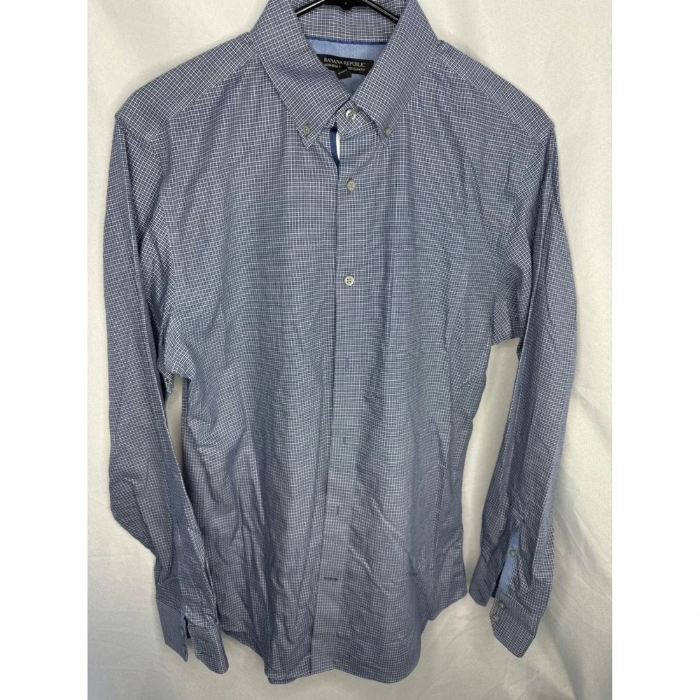 Banana Republic Mens Non-Iron Tailored Slim Fit Shirt Blue Houndstooth Medium